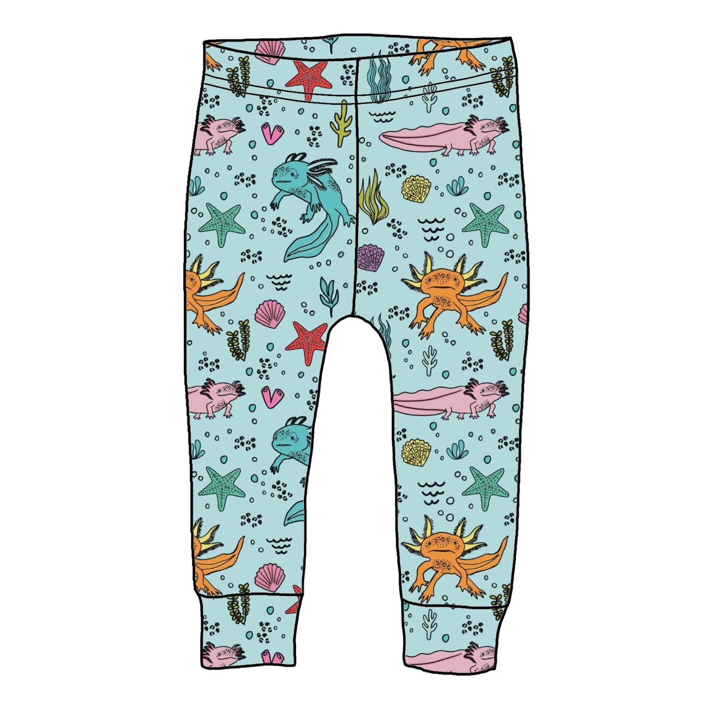 Light blue leggings featuring images of brightly coloured axolotls. Shells, starfish, seaweed and bubbles are also shown.