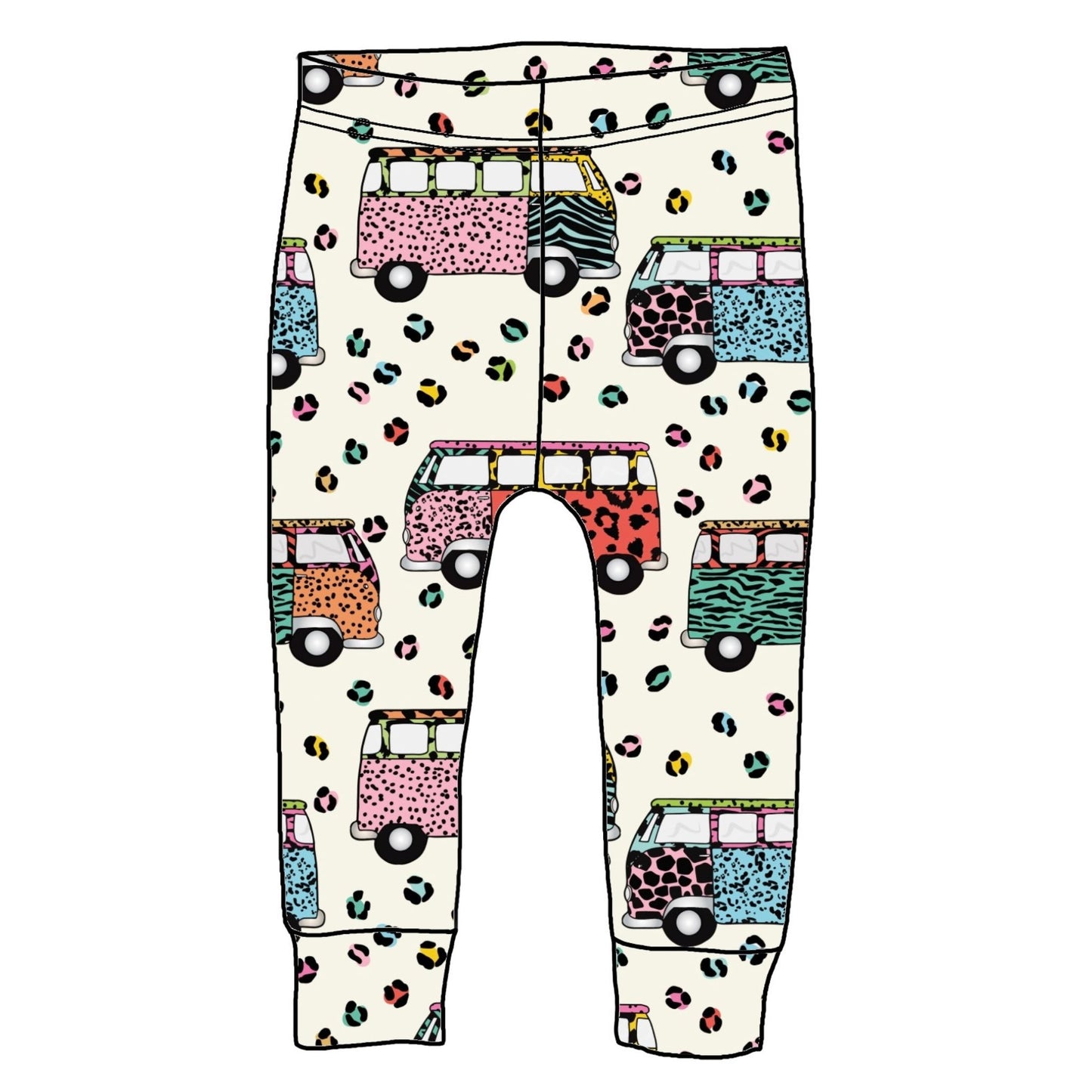 Cream leggings with images of different coloured campervans on them. There is leopard print in the background.