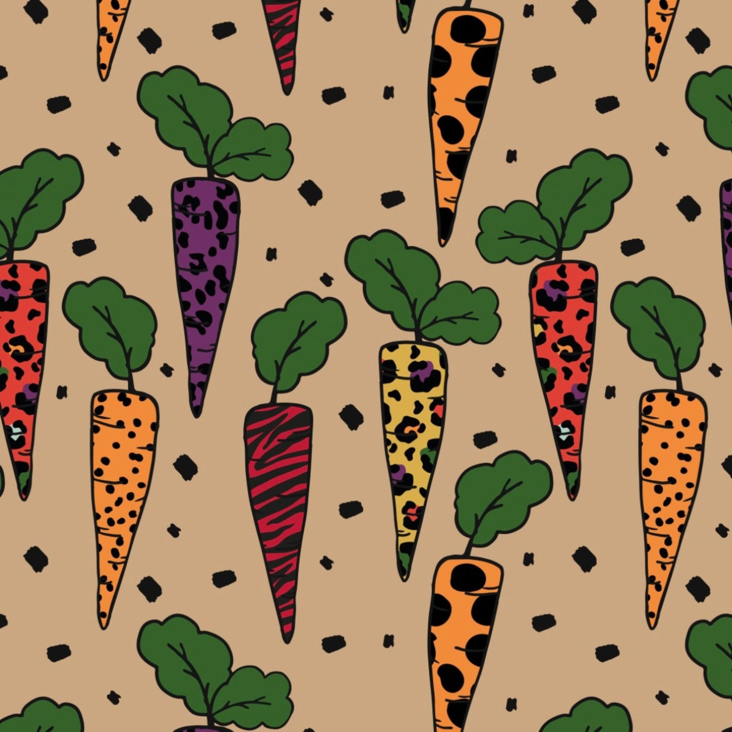 A preview of the fabric used to make this item. It is beige with brightly coloured carrots on it. The carrots have animal print on them.