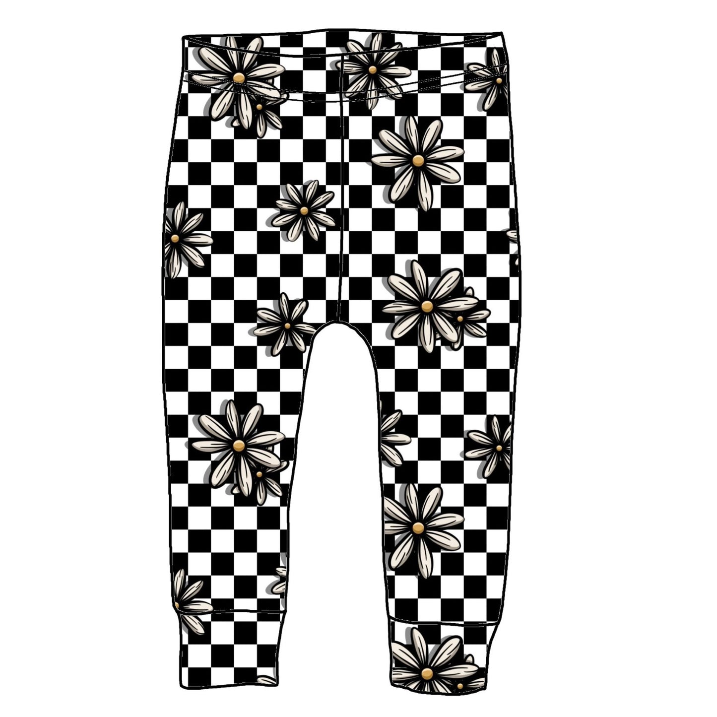 White and black checked leggings with images of daisy's on them.