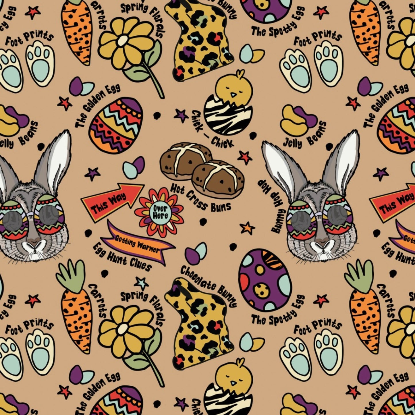 Beige fabric with bright, bold Easter images on it. This is the fabric used to make this item.