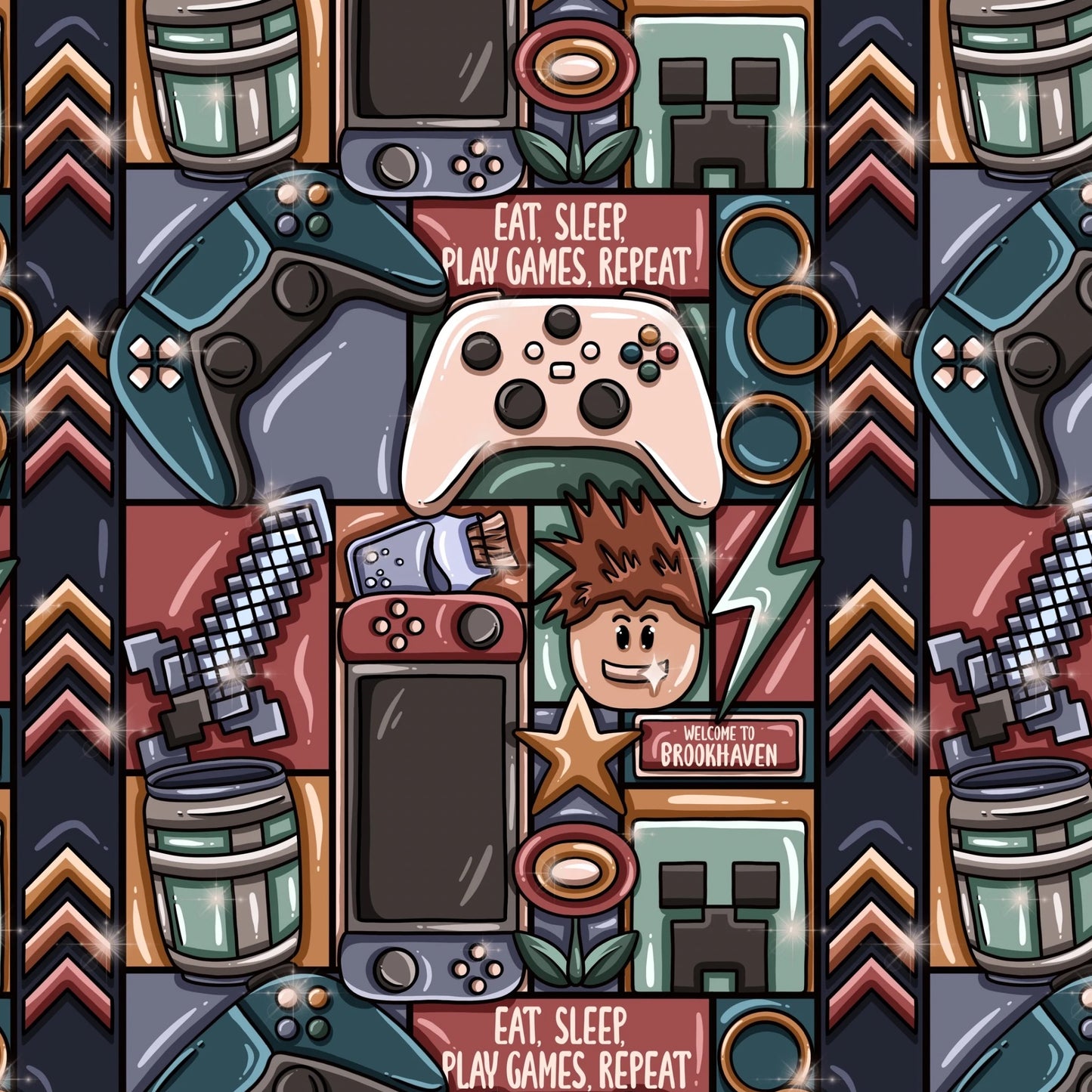 Multicoloured fabric in muted tones featuring icons from popular computer games.