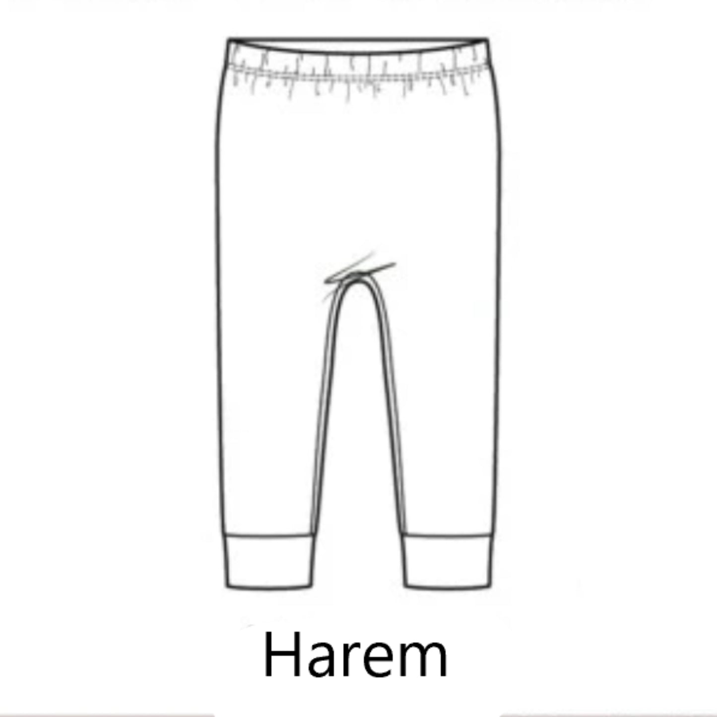 Showing what the harem style will look like. There are seams down the sides, cuffs at the ankles and an elasticated waistband.