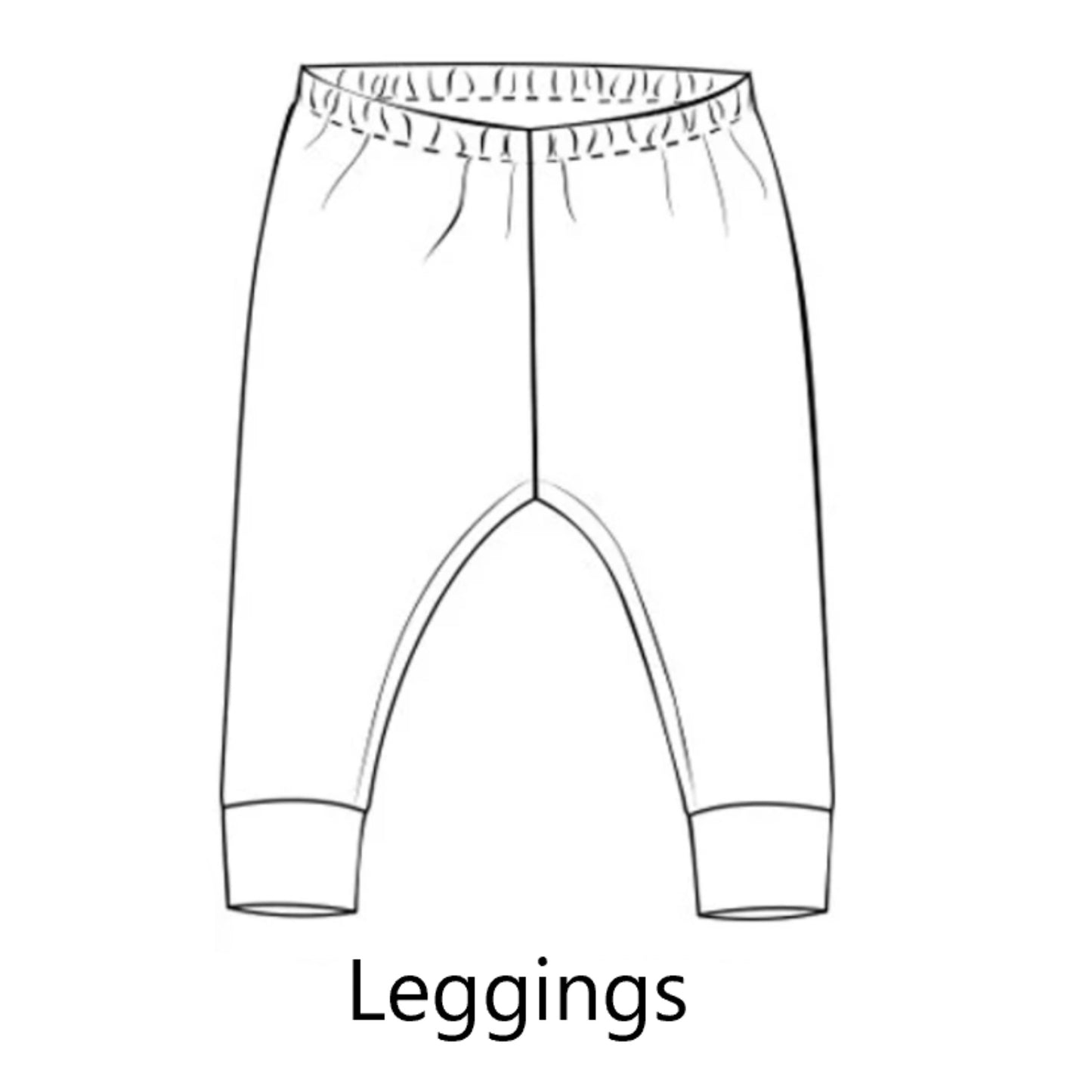 Showing what the leggings style will look like. There is a seam down the front, cuffs on the ankles and an elasticated waistband.