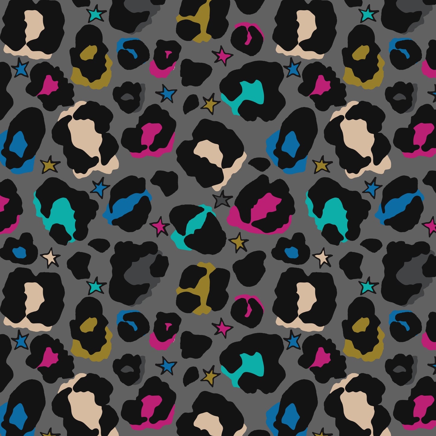 Grey fabric with bright coloured leopard print and stars used to make this item.