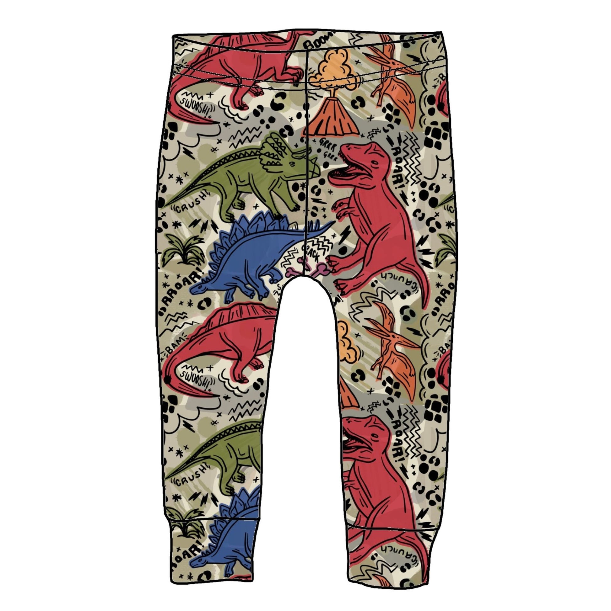 Khaki coloured leggings with images of dinosaurs and volcanoes in primary colours. There are also patches and animal print in the background. 