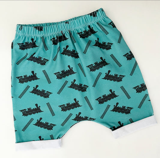 Turquoise Trains & Tracks Harem Shorts 3-4 Years