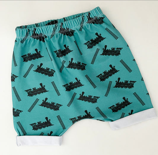 Turquoise Trains & Tracks Harem Shorts 2-3 Years